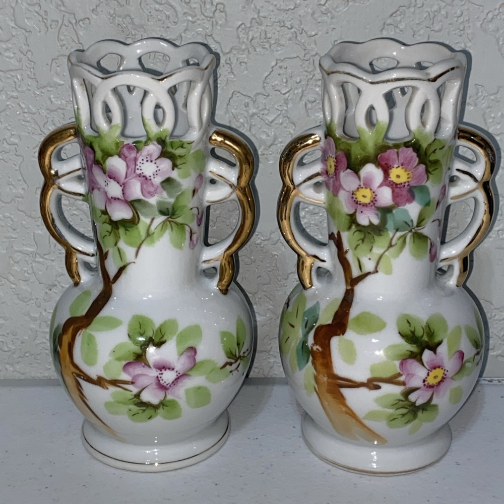 Set of 2 VTG Decorative Floral Vases UGC Made In Occupied Japan Handpainted 6"